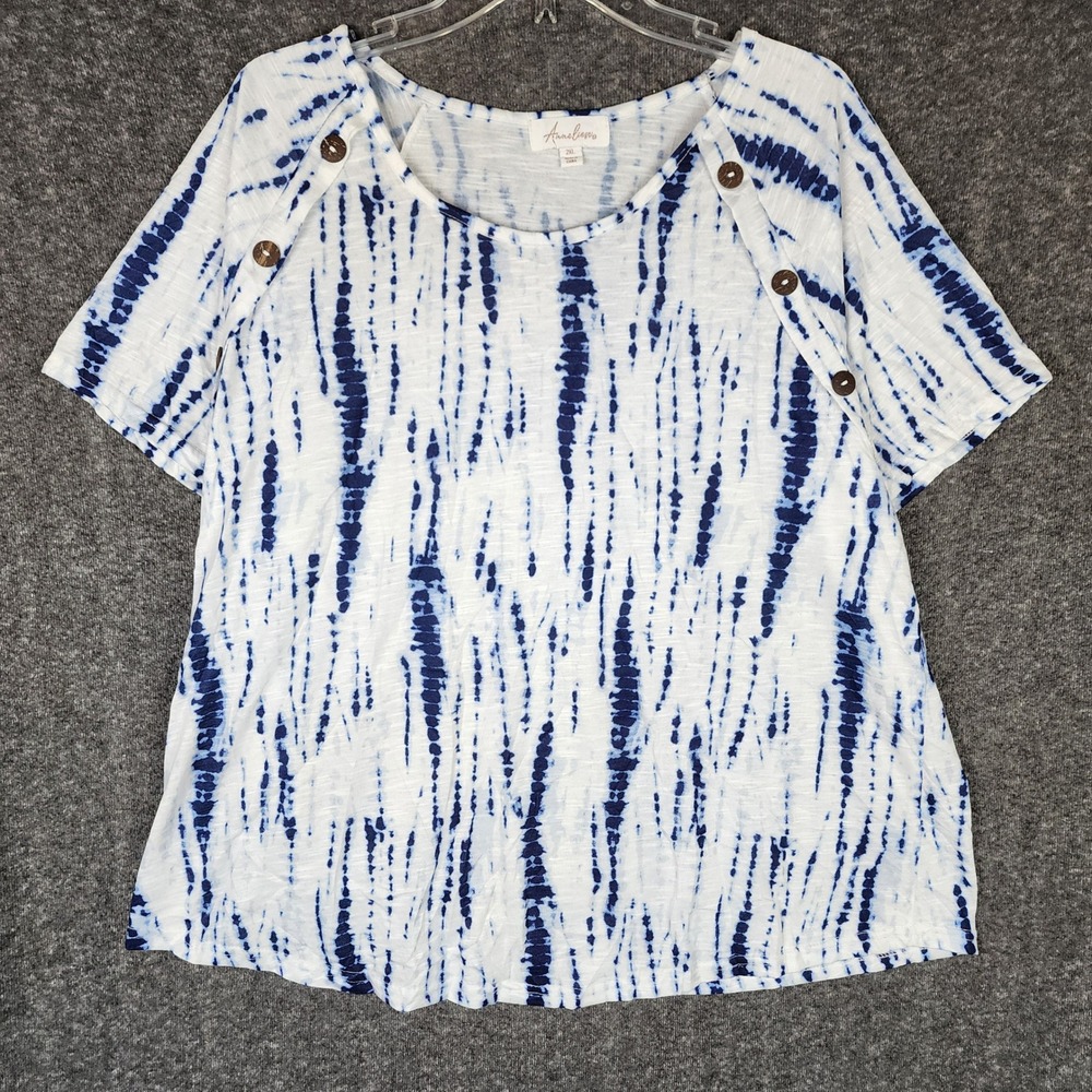 Anneliese Top Womens 2XL Tie Dye White Blue Button Shoulder EUC